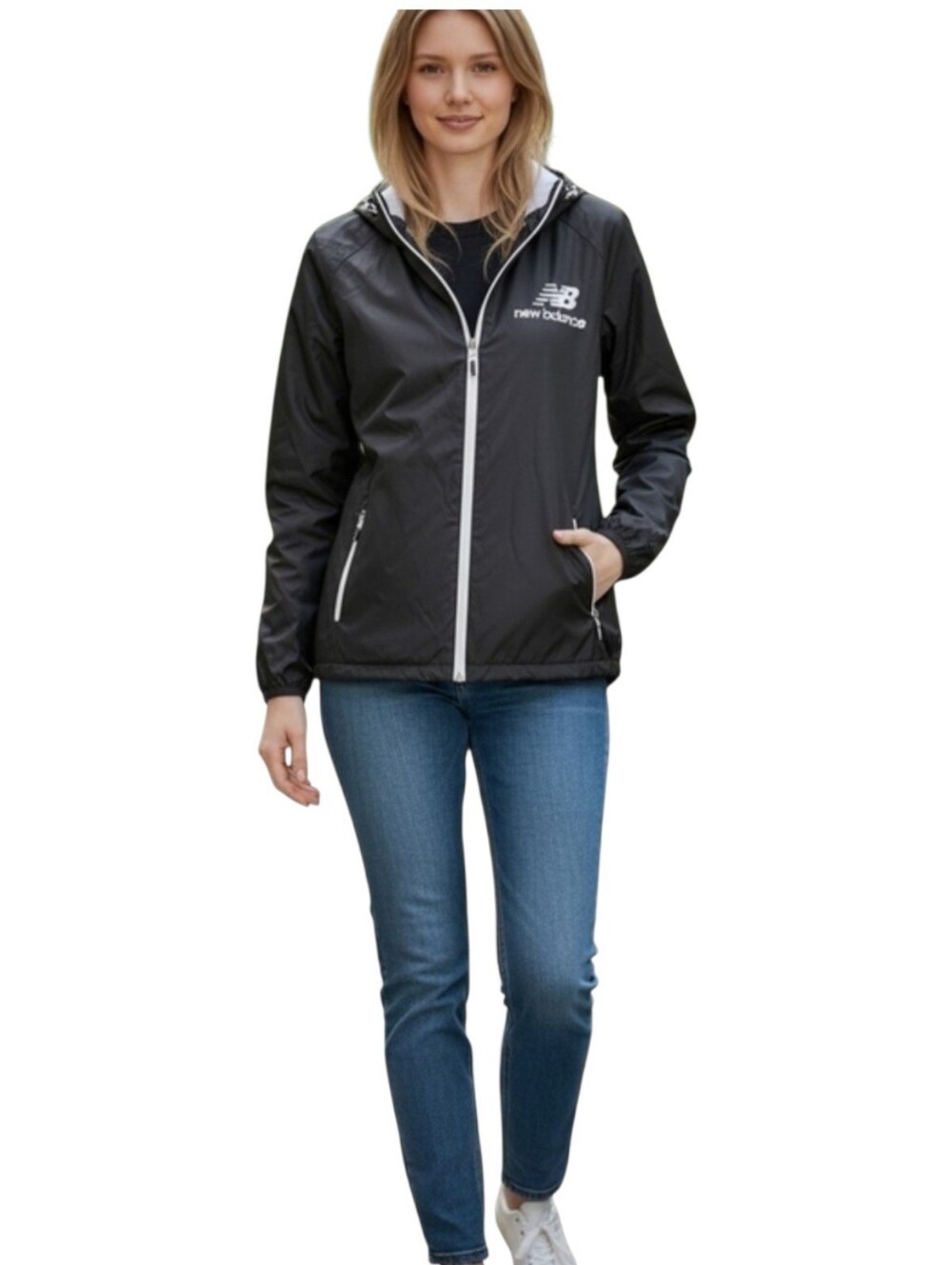New Balance Women's Black Hooded Windbreaker with White Trim